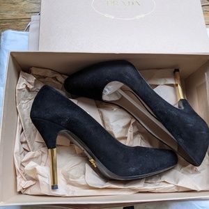 Black Prada Suede Pump with Gold Heel - Size 7